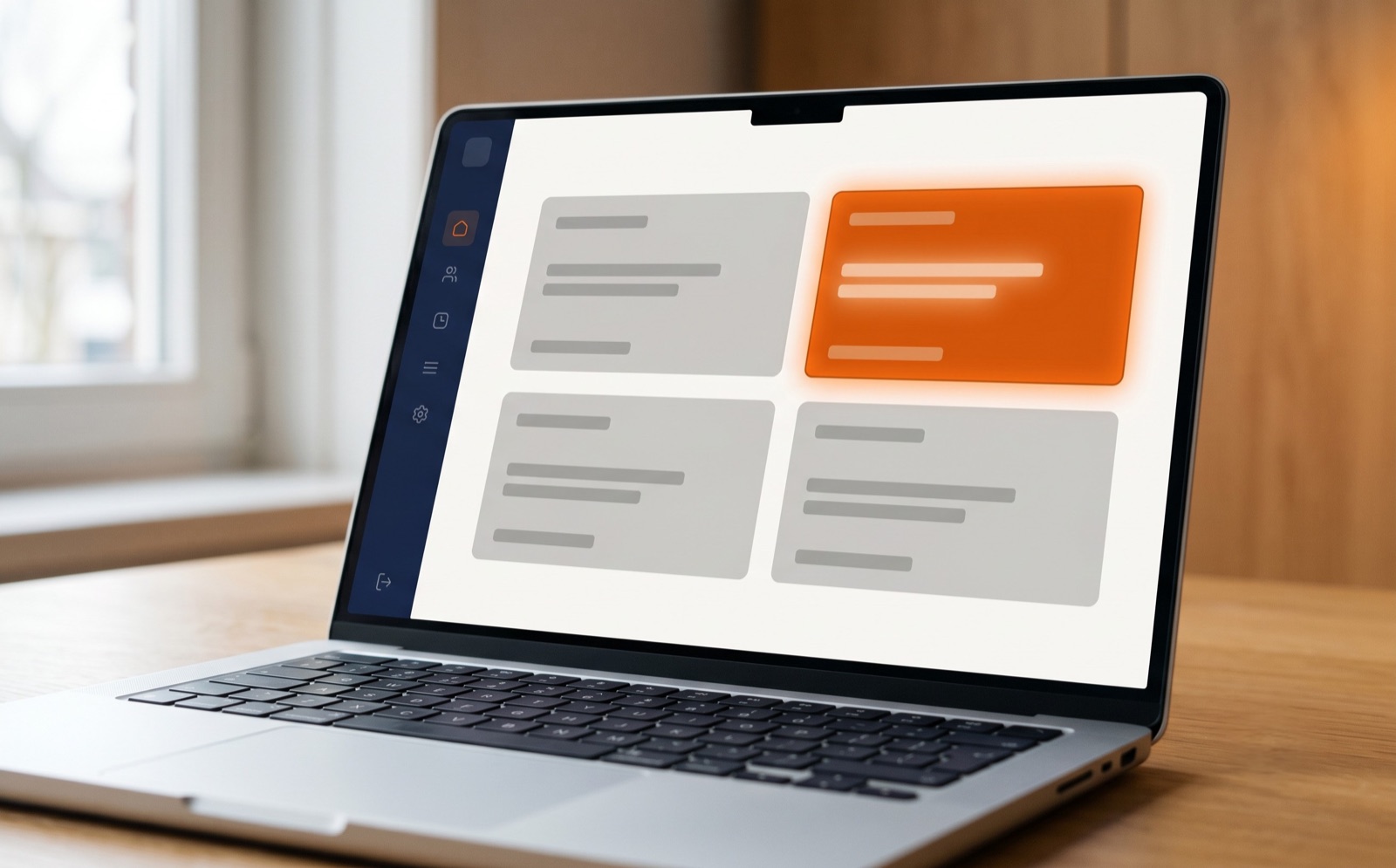 Laptop met een custom dashboard-UI in beeld, één paneel oplichtend in oranje