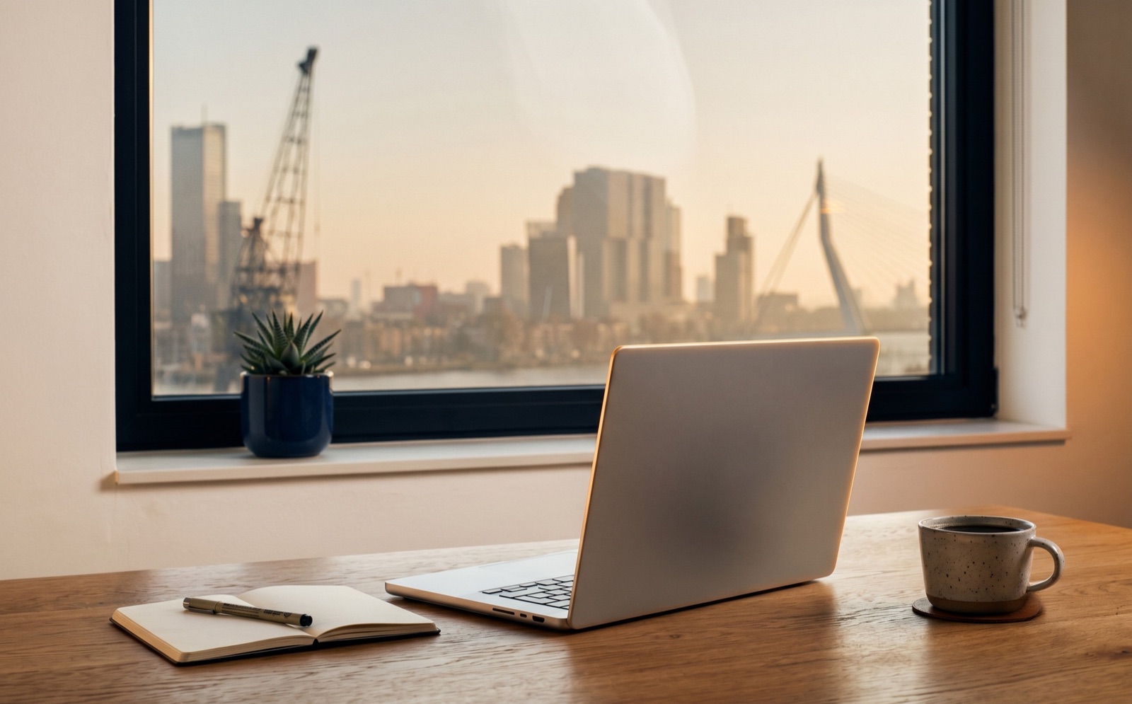 Werkplek met laptop op oak desk bij een raam, in de verte een wazige skyline van Rotterdam in late namiddaglicht