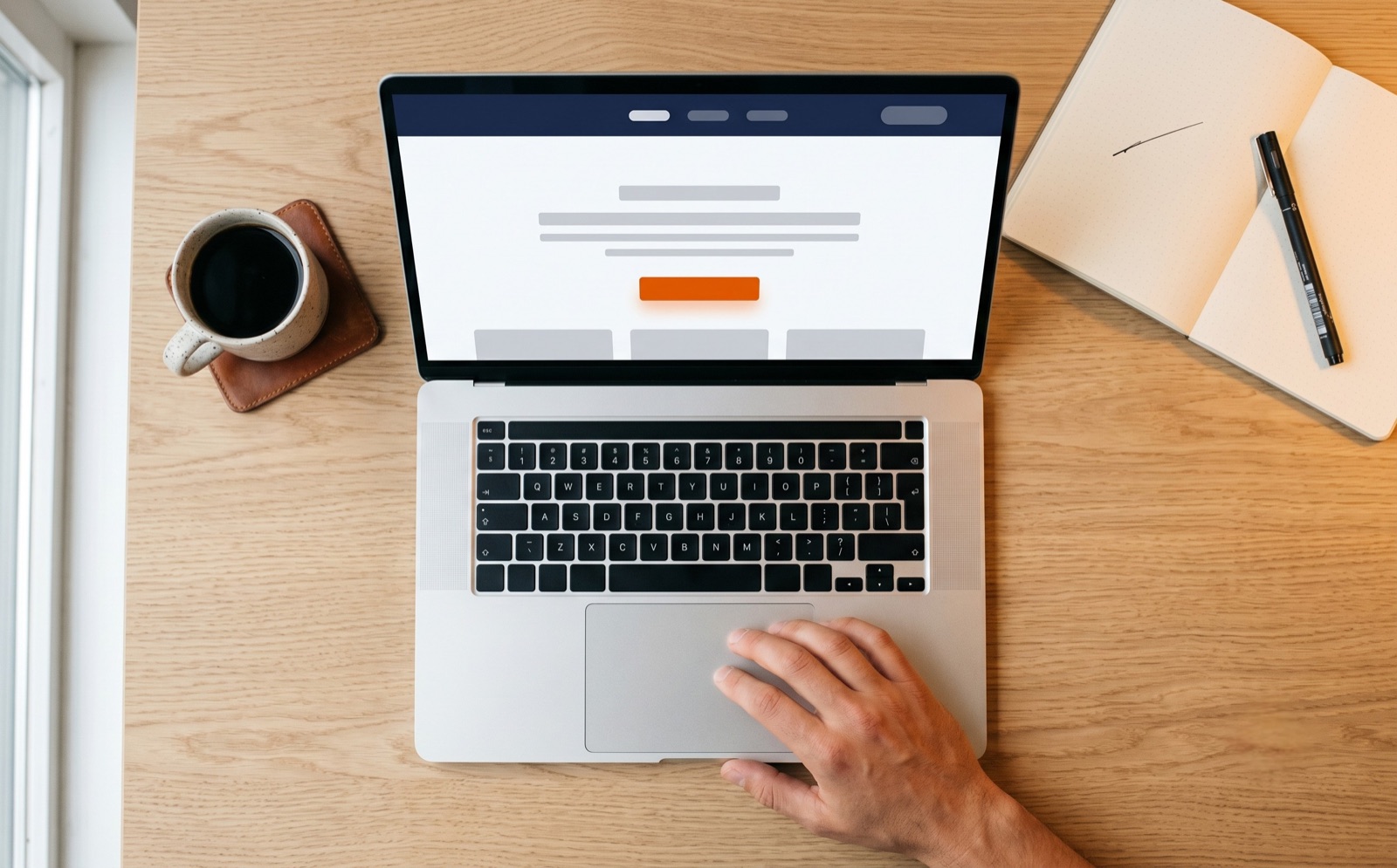 Laptop top-down met een schone websitepagina open, mok koffie en notebook eromheen