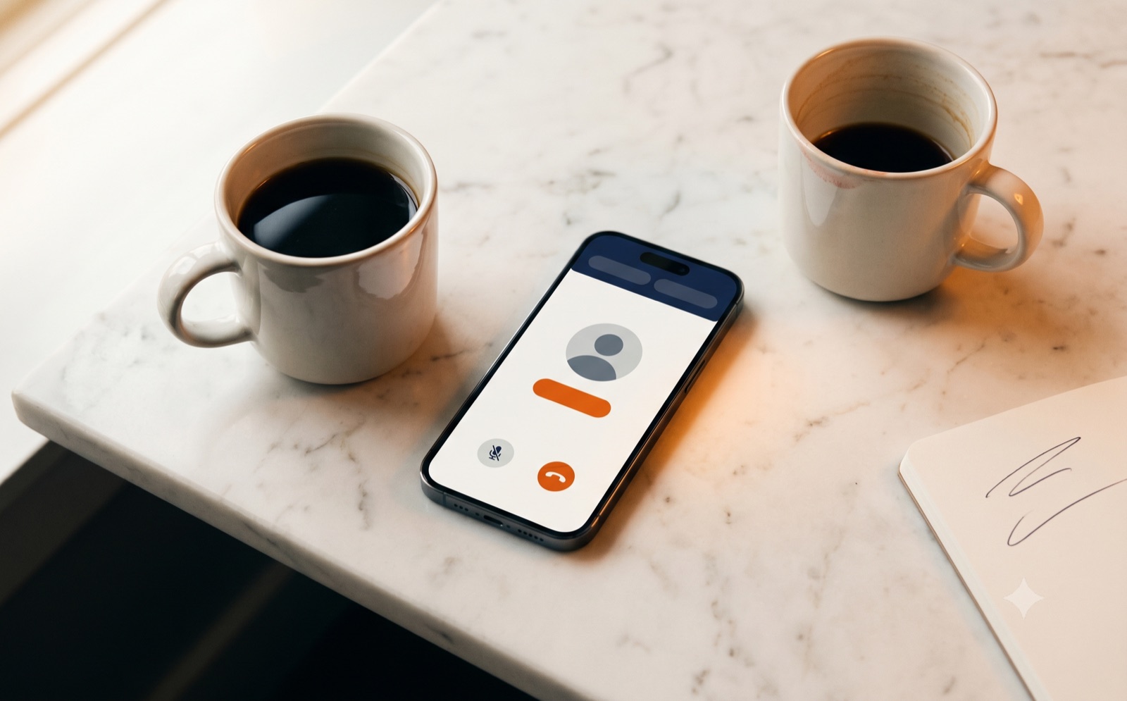 Twee mokken koffie op een caféstijl tafel met een smartphone die een lopend gesprek toont